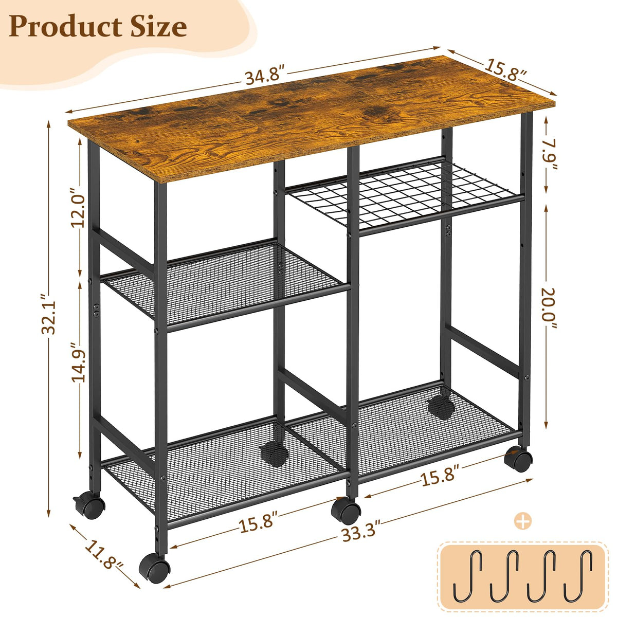 ThreeHio Rolling Kitchen Microwave Cart, 3-Tier Microwave Stand with Adjustable Shelf, Kitchen Storage Cart on Lockable Wheels, Coffee Bar Baker's Rack Organizer Shelf for Living Room, Office, Balcony