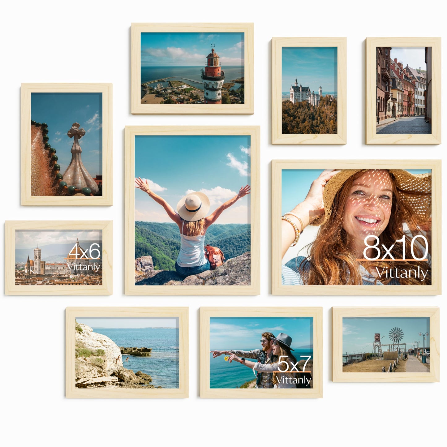 Vittanly Picture Frames Set of 10, Picture Frames Collage Wall Decor with Two 8x10, Four 5x7, and Four 4x6 Photo Frames, Gallery Wall Frame Set for Wall or Tabletop Display, Natural