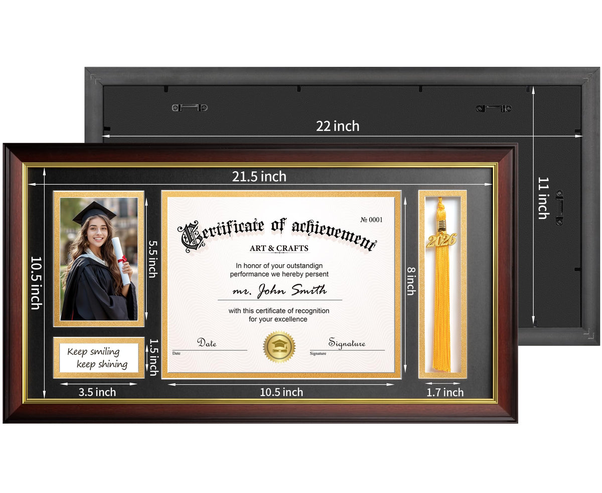 Yaetm 11x22 Diploma Frame with Tassel Holder for 8.5x11 Certificate Document & 4x6 Photo with High Definition Glass, Black Mat Over Gold Acid-free Mat, Mahogany Graduation Frame 2026