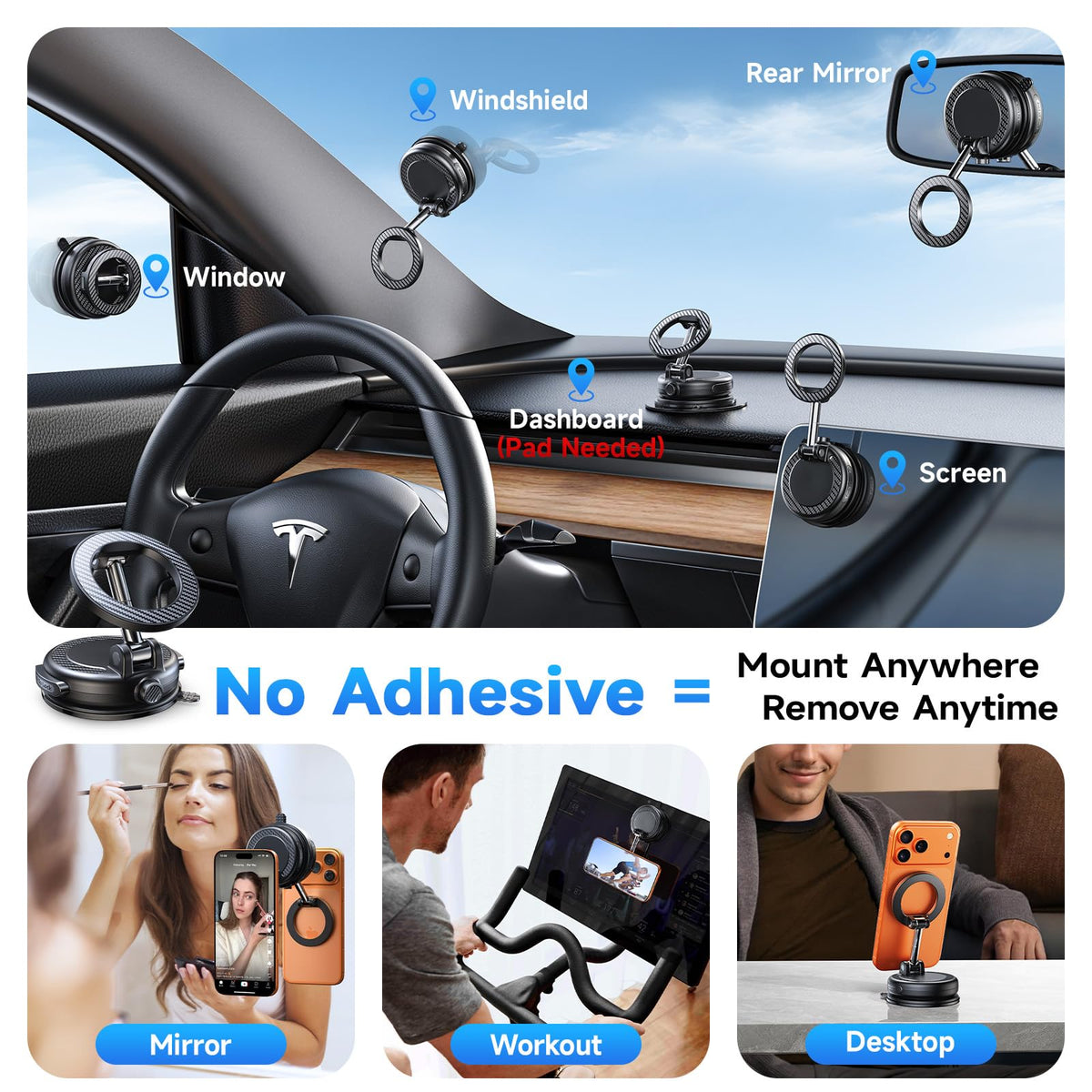 Moeila NeverFall Car Phone Mount for MagSafe, 89lbs Vacuum Suction, Strong Magnetic Dashboard & Windshield Mount, 360° Adjustable Phone Holder for iPhone & All Phones, Carbon Fiber