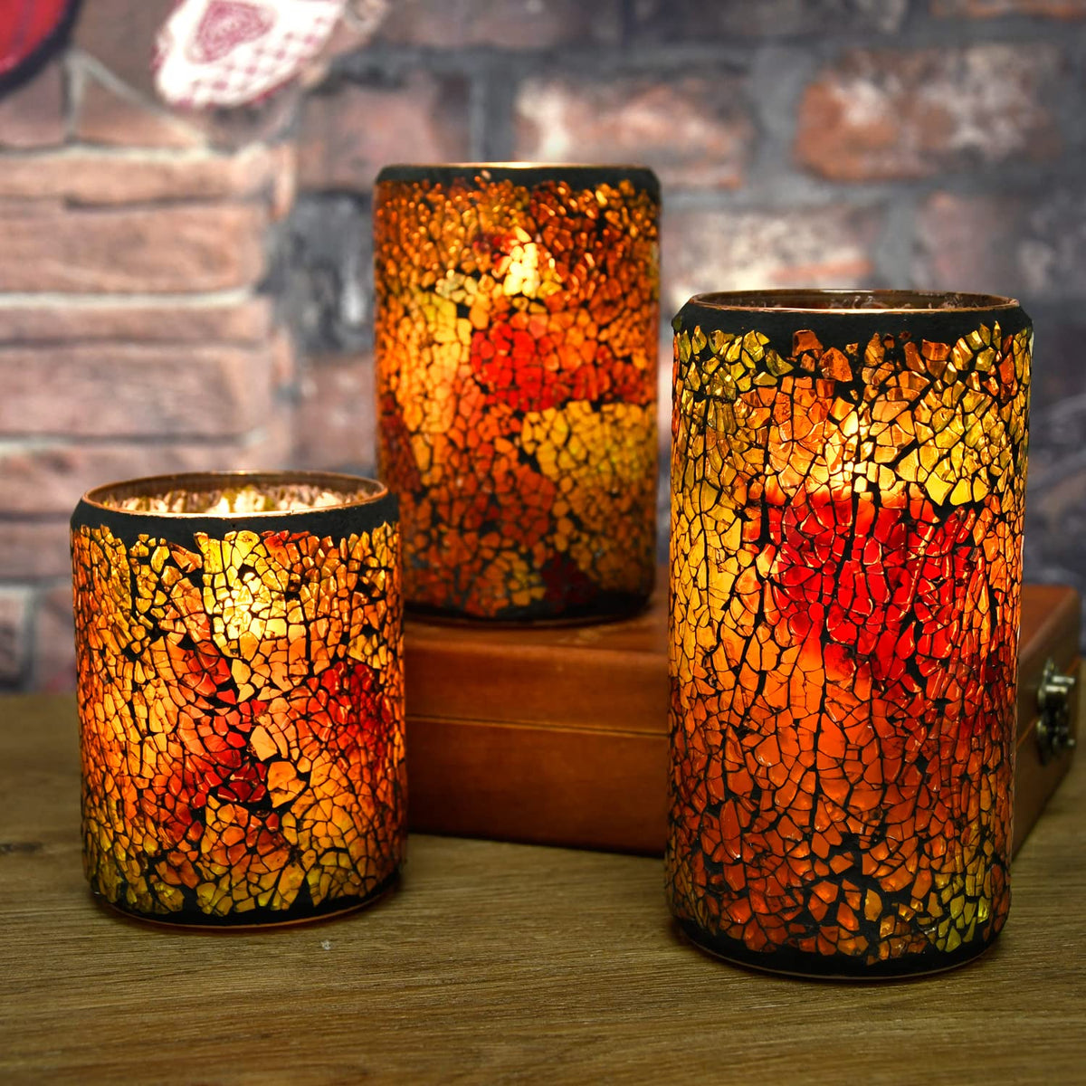 TELOSMA LED Mosaic Flameless Candle, Red Yellow Cracked Glass Pattern Pillar Candle - Centerpieces Table Bed Fireplace Autumn Decor - Set of 3