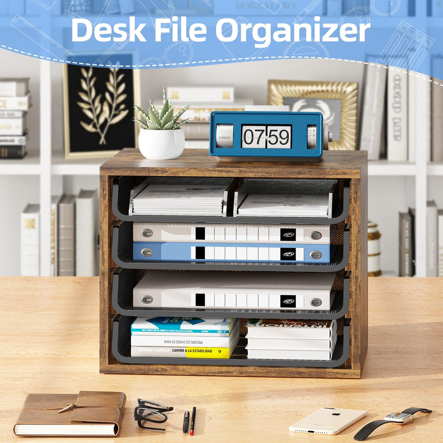 Simple Trending Desk File Organizers, 4-Tier Letter Tray Paper Organizer with File Holder, Wooden Paper Sorter for Office Supplies, Rustic Brown