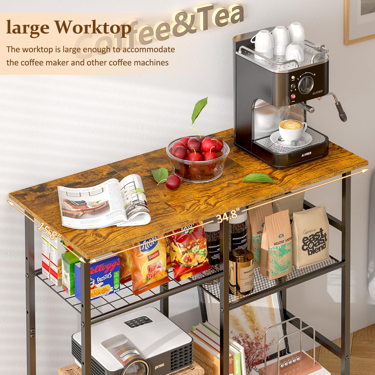 ThreeHio Rolling Kitchen Microwave Cart, 3-Tier Microwave Stand with Adjustable Shelf, Kitchen Storage Cart on Lockable Wheels, Coffee Bar Baker's Rack Organizer Shelf for Living Room, Office, Balcony