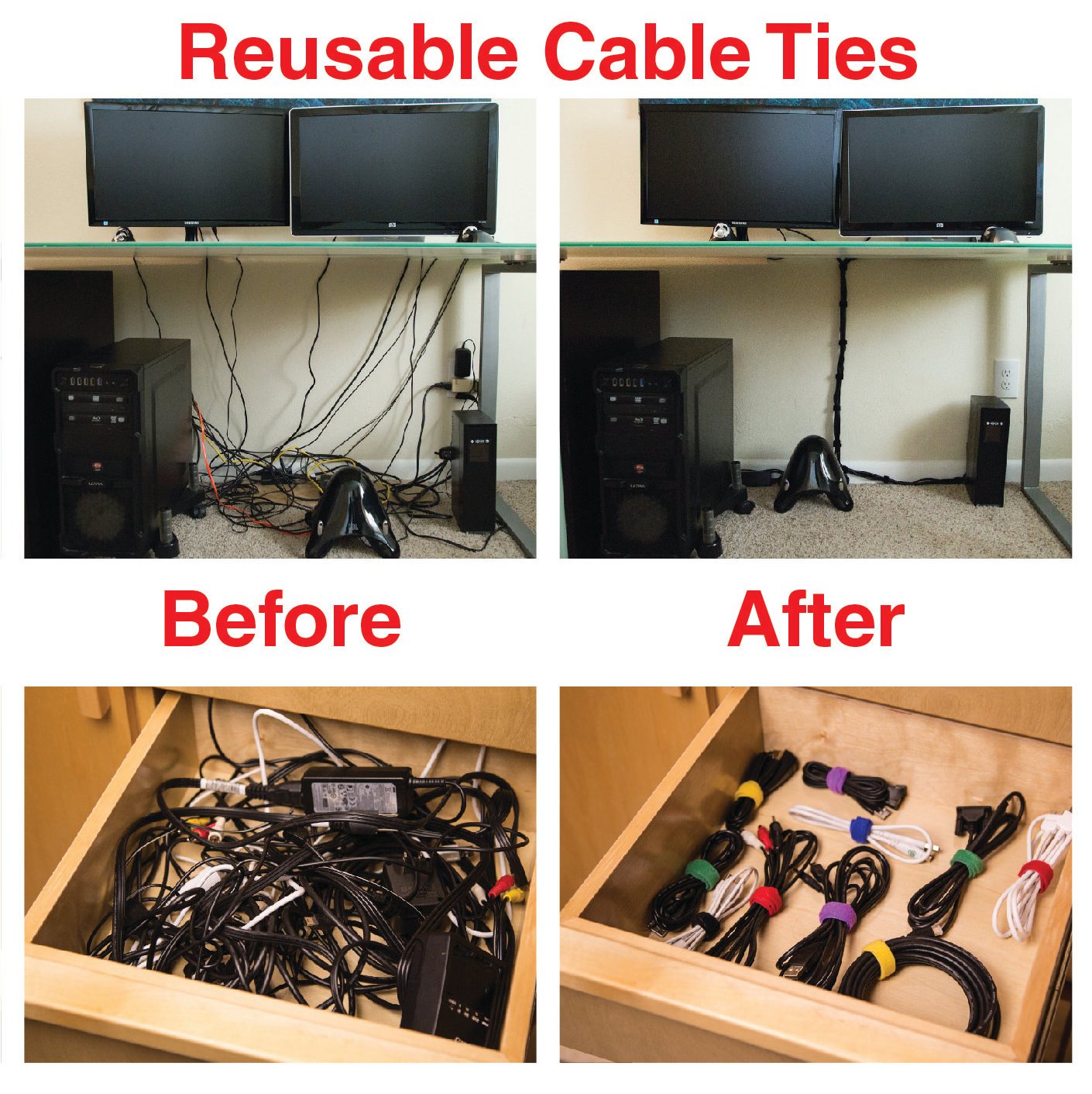 Heaviest Cable Organizer on The Market! Compact and Weighted Desktop Cord Holder and Cable Organizer, Eco-Friendly Silicone, No Bad Smell, Bundled with 4 Reusable Cable Ties! (Black)