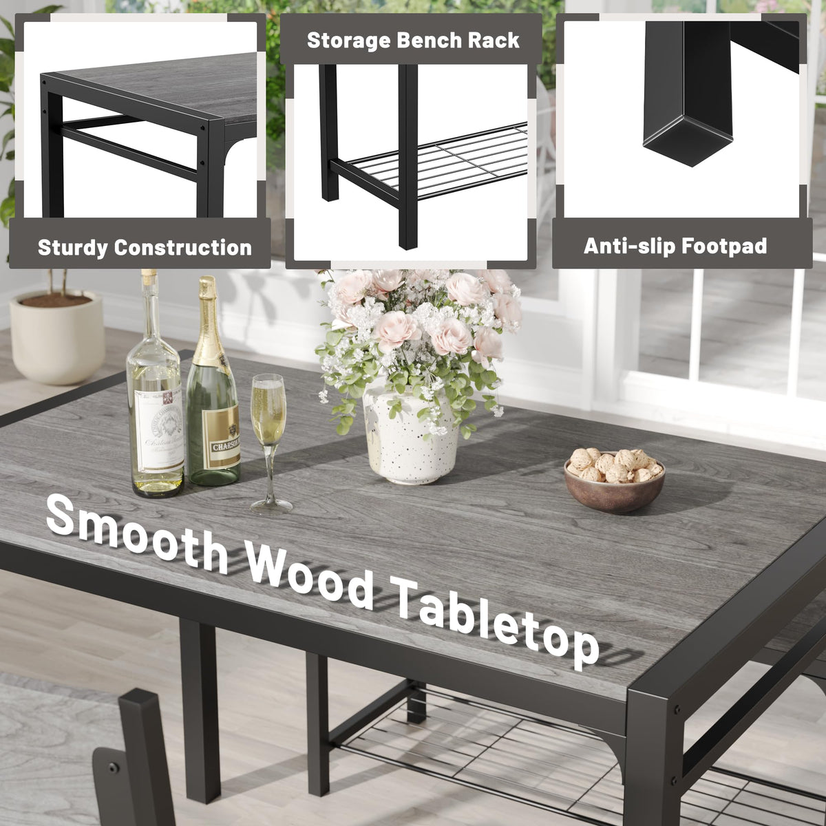 JUMMICO 43.3" Dining Table Set for 4, Kitchen Table with Bench & 2 Chairs Modern Rectangular Metal Frame Dining Furniture Set for Small Space (Grey)