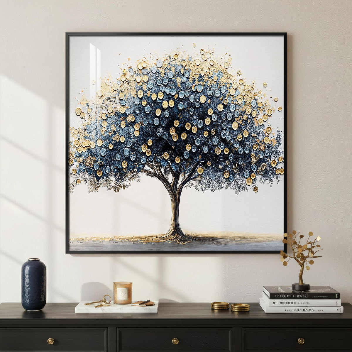Framed Square Tree of Life Wall Art, Blue Gold Modern Money Tree Painting Prints, Minimalist Elegant Luxury Abstract Tree Artwork for Living Room Bedroom Kitchen Hallway Office Home Decor, 30x30 Inch
