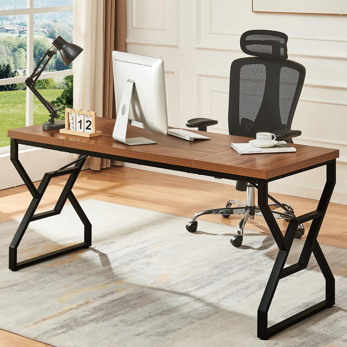HOMISSUE 63-inch Executive Desk, Large Home Office Desk with Engineered Wood Tabletop and Metal Frame, Rustic Writing Desks with Sturdy Structure, Computer Desks for Home Office, Study Room,Brown