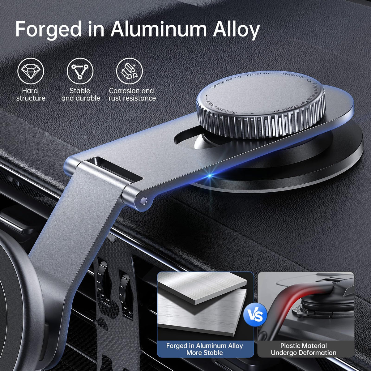 SYNCWIRE Fits MagSafe Car Mount for Universal Dashboard, Tesla Screen, Magnetic Phone Holder for Car, Foldable Aluminum Alloy Arm, Super Stable Car Mount for iPhone 16 Pro Max 15 14 13 12&All Phones