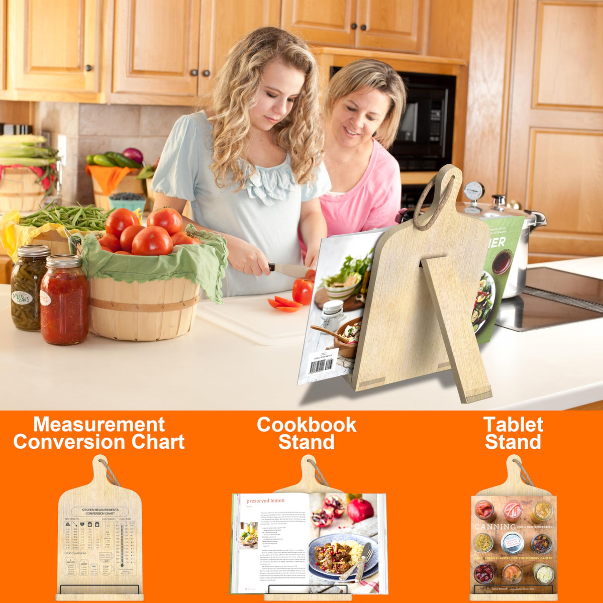 ZEUMIE Bamboo Cookbook Stand, Adjustable Cookbook Holder Stand, Recipe Book Holder with Measurement Conversion Chart, Cook Book Stand for Kitchen Counter, Essential Accessories Gifts for Bakers Women