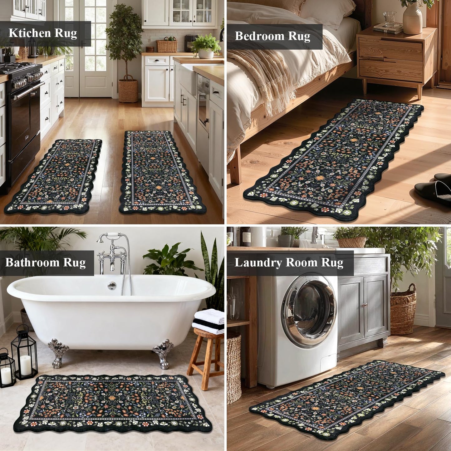 Yamaziot Anti Fatigue Kitchen Rugs Set of 3 - Boho Non Slip Waterproof Kitchen Mats for Floor, Boho Runner Rug for Kitchen Floor, Laundry, Desk, Bar, Office, 17.3"x29"+17.3"x35"+17.3"x47", Black