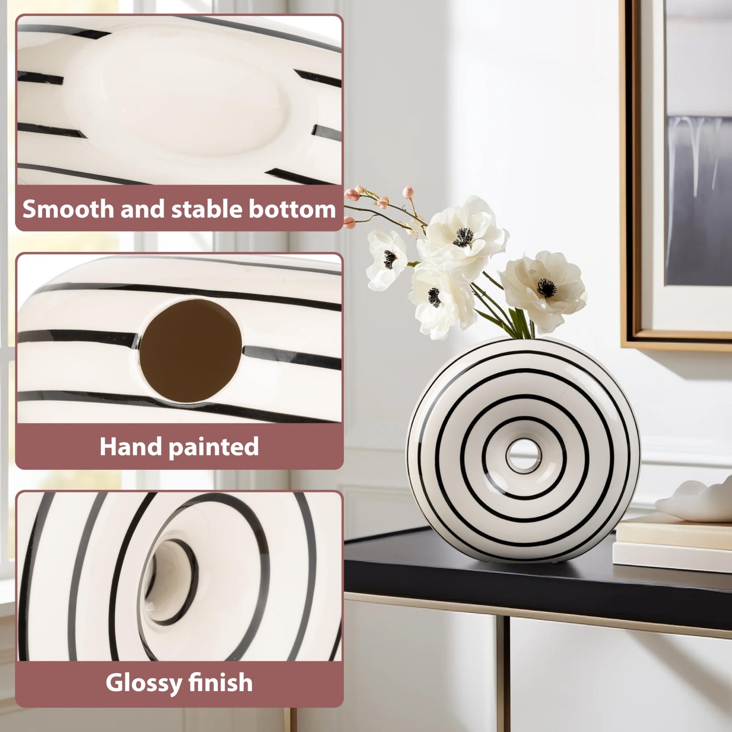 Konstéra Ceramic Large Donut Vase Hand-Painted Glossy Finish, Unique Modern Home Accent, Flower Holder, Stylish Decor for Living Room, Coffee Table, Mid-Century Modern