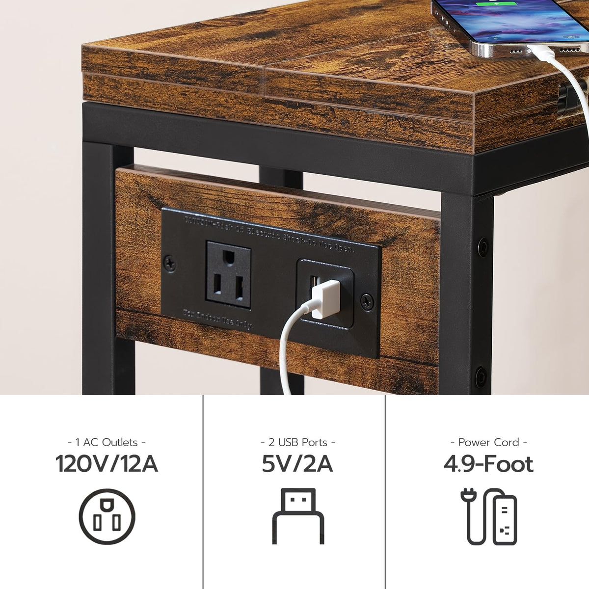 HOOBRO C Shaped Side Table with Charging Station, Foldable End Table with Fabric Bag, Sofa Couch Tray Table for Small Space in Living Room, Bedroom, Rustic Brown and Black BF30USF01