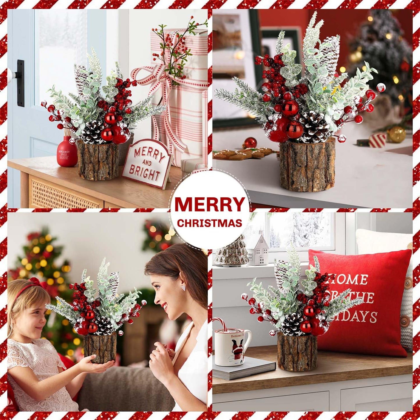 Small Christmas Tree Tabletop Artificial Mini Christmas Tree Decorations with Holiday Ornaments Red Berry Pine Cone Greenery for Home Indoor Fireplace Mantel Xmas Decor (2pcs -Tree Stump-Red)