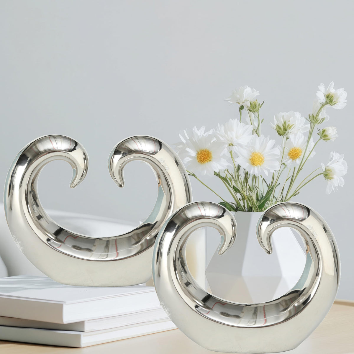 WHW Whole House Worlds Eternity Double Curled Wave Sculpture, Set of 2, Modern Art, Silver Titanium Glazed Ceramic Stoneware, 8 1/4 Inches, Abstract Table Top Accent