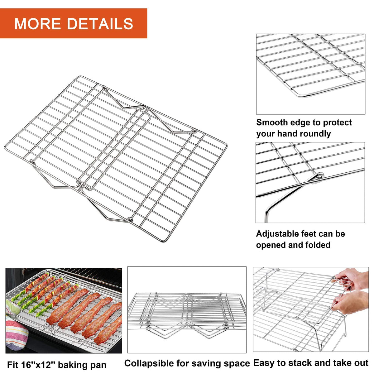 P&P CHEF Cooling Rack, 5-Tier Stainless Steel Stackable Baking Cooking Racks for Cooling Roasting Grilling, Collapsible & Heavy Duty, Oven Safe & Easy Clean, 15" x 10", Silver
