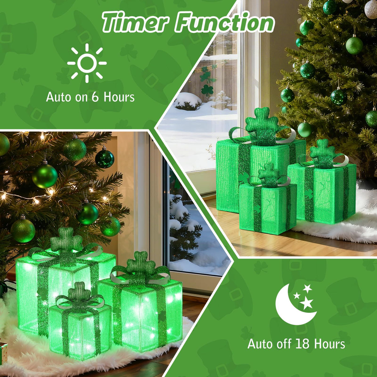 Lewondr St Patricks Day Decorations Lighted Gift Boxes with 3D Shamrocks, Green Decor Light Up Present Boxes for St Patrick's Day, USB Powered + Remote Control Lucky Clover for Indoor Home Holiday