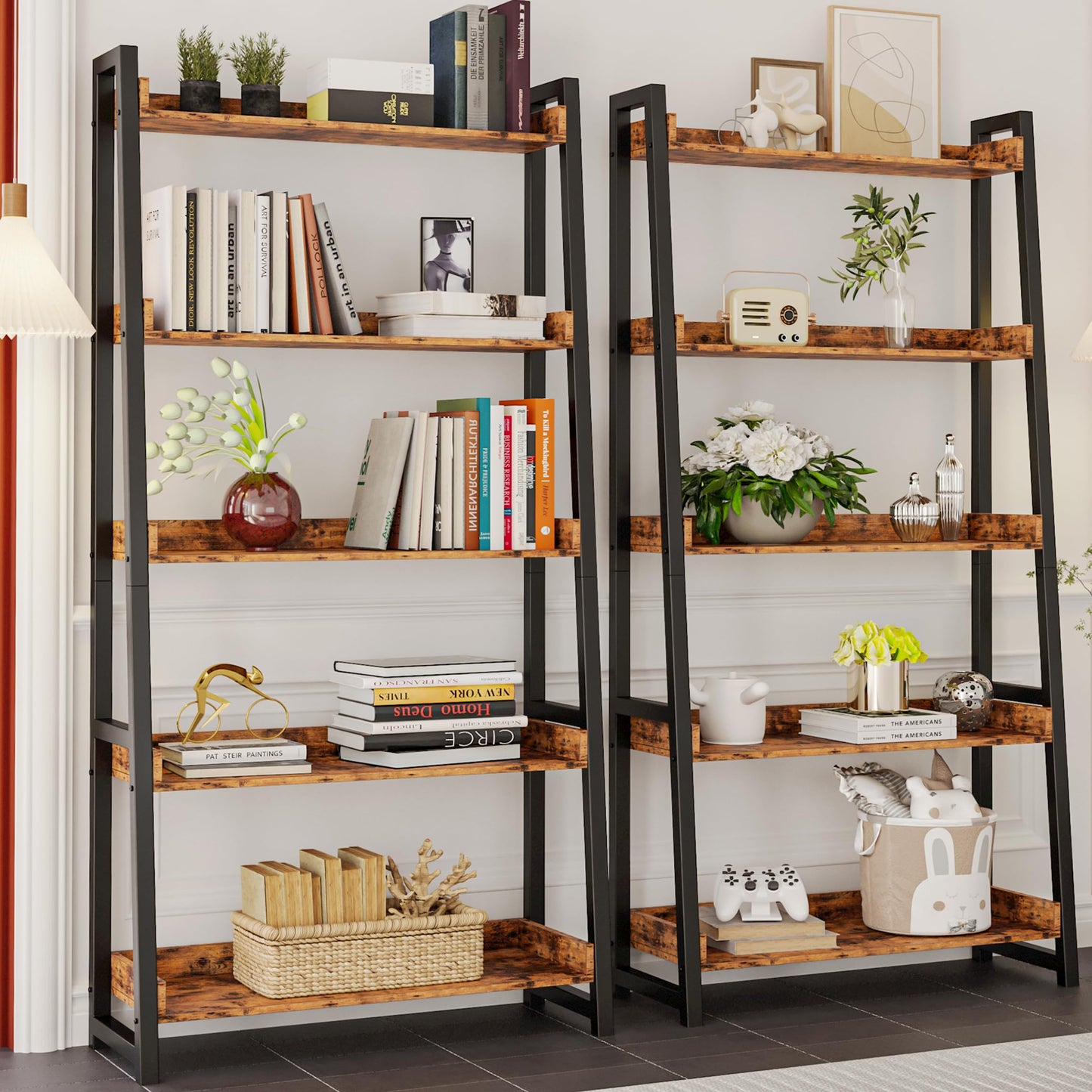 IRONCK Ladder Shelf, Ladder Bookshelf 5-Tier 74.8in Tall, Industrial Bookcase and Bookshelf, Display Shelf Metal Frame for Home Office, Bathroom, Living Room, Vintage Brown