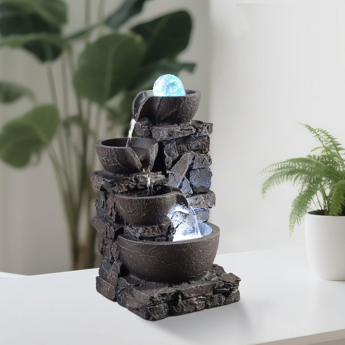 MSEONWXI Indoor Tabletop Fountain with 4-Tier Stone Bowls, Rolling Crystal Ball & LED Lights – Tranquil Waterfall Decor for Home, Office or Zen Space (23066)