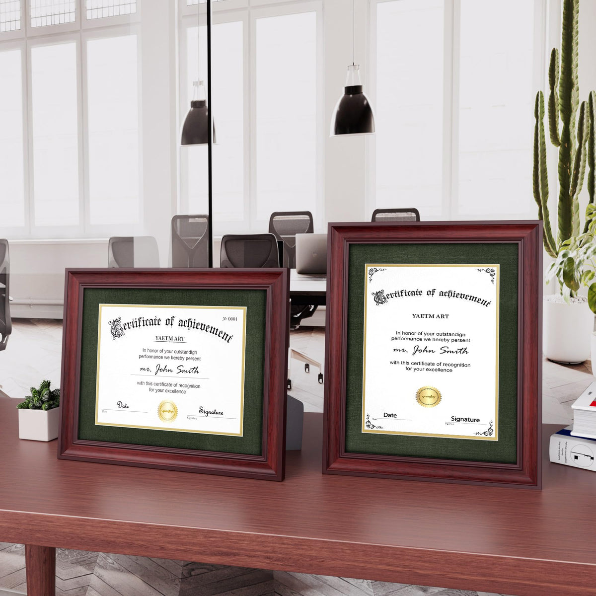 Yaetm 11x14 Diploma Frame, Certificate Frame with Tempered Glass, Display 8.5x11 Document with Dark Green Over Gold Acid-free Mat or 11 x 14 without Mat, Wide Molding (Single, Mahogany/Green)
