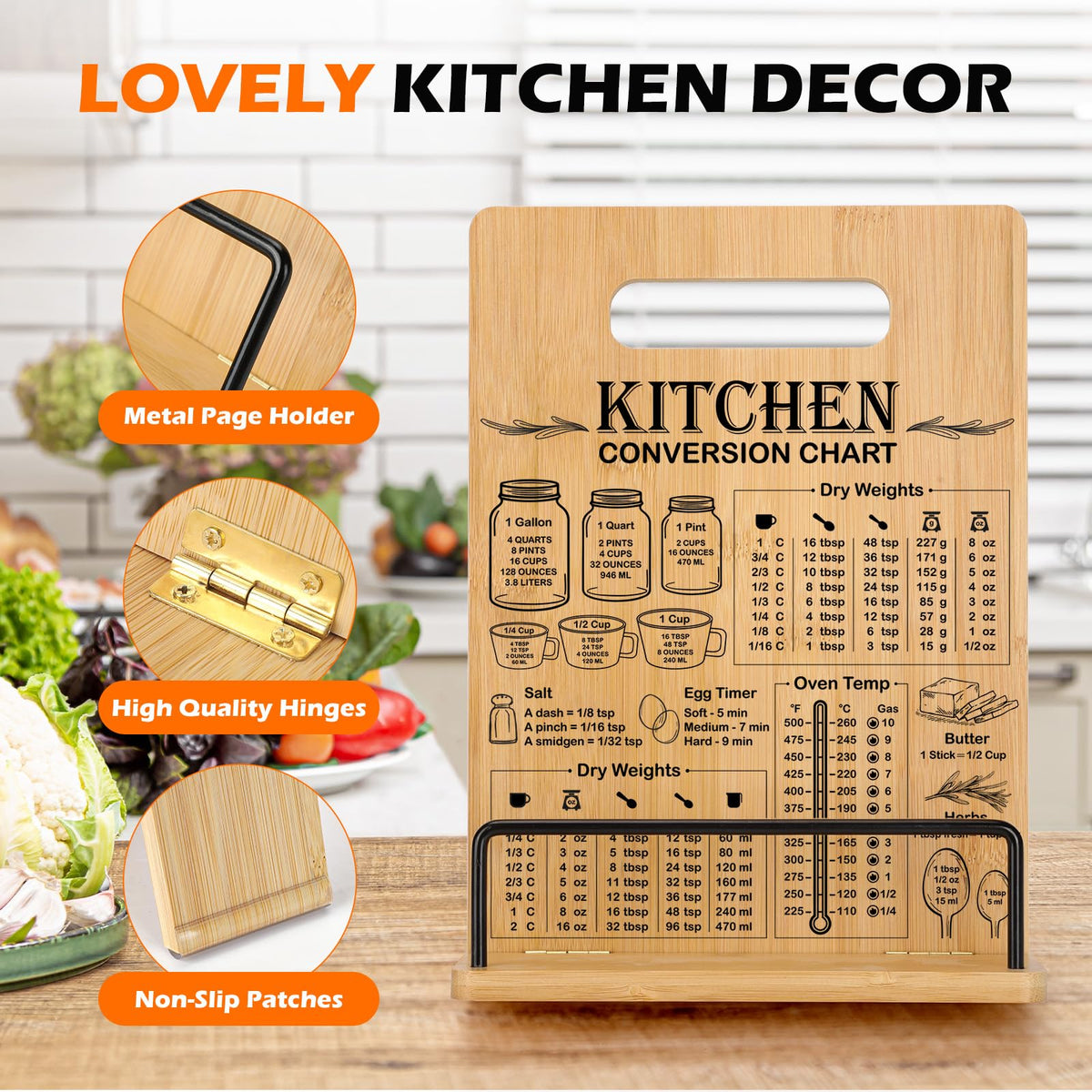Bamboo Cookbook Stand for Kitchen Counter, Recipe Book Holder with Measurement Conversion Chart, Adjustable Cookbook Holder, Essential Accessories Women Gifts for Birthday Mothers Day