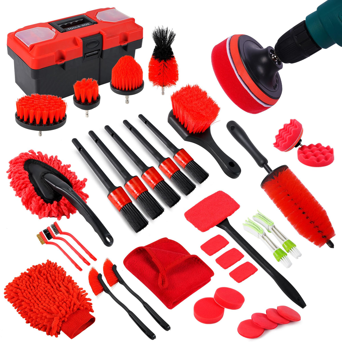 MIANYINGR 35Pcs Car Detailing Kit & Car Cleaning Kit – Windshield Tool, Long Wheel Brush & 2 Angled Brushes, 4 Polishing Pads & 4 Wax Pads – Red Tool Box – Gift for Men (B：35PCS-R)