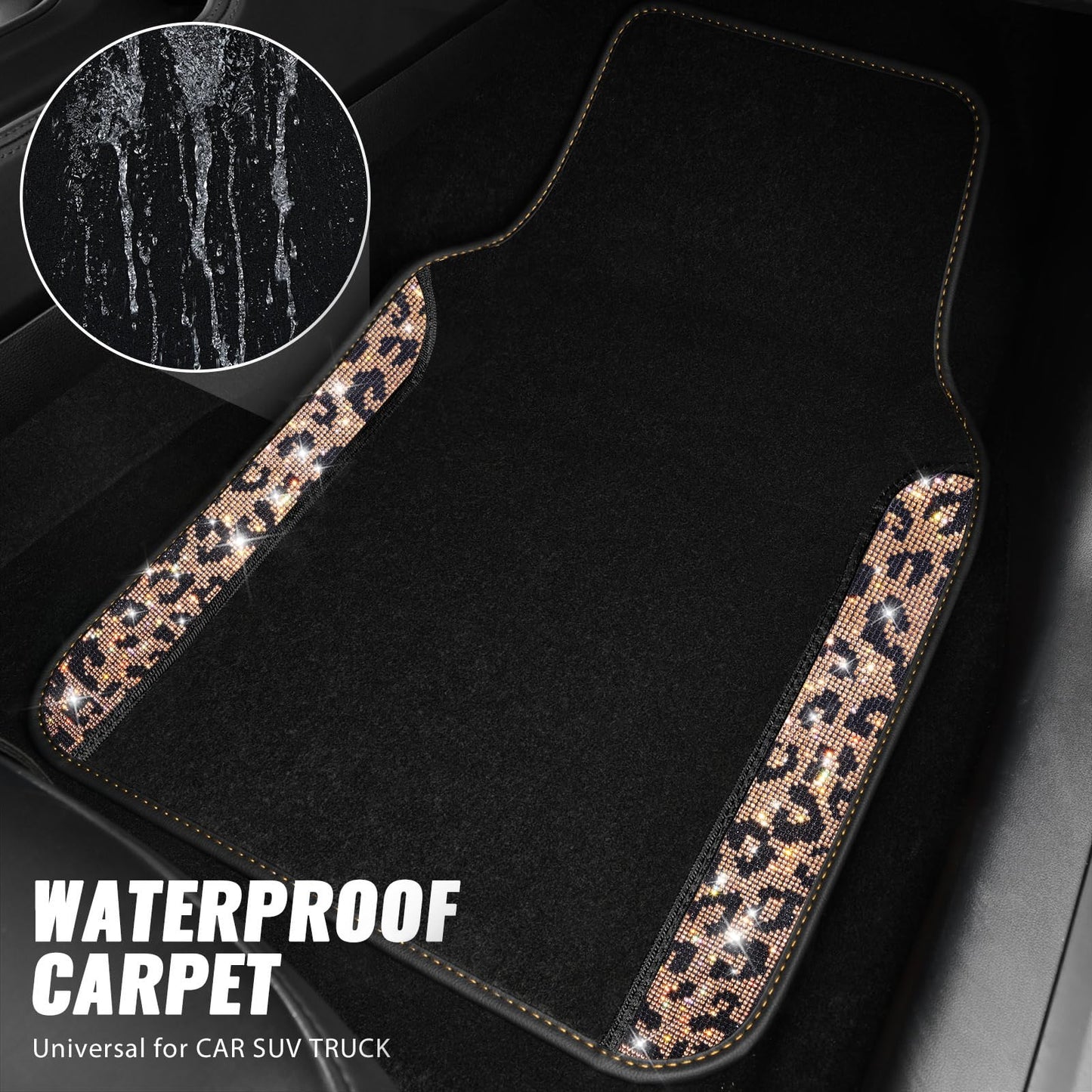 CAR PASS Bling Diamond Car Floor Mats, Shining Rhinestone Carpet Sparkly Glitter Crystal with Anti-Slip PVC Heel Pad Waterproof Universal Fit Automotive SUV,Sedan,Van,Cute Girl Women,4pcs Gold Leopard