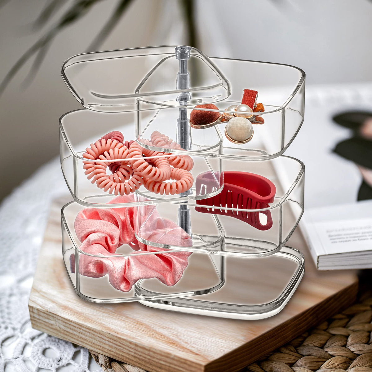 Amazing Abby - Inspire - 4-Tier Acrylic Hair Accessories Organizer with Lid, Plastic Jewelry Holder, Rotating Makeup Accessories Container, Beauty Supply Storage, Clear, Square (4.5" x 4.5")
