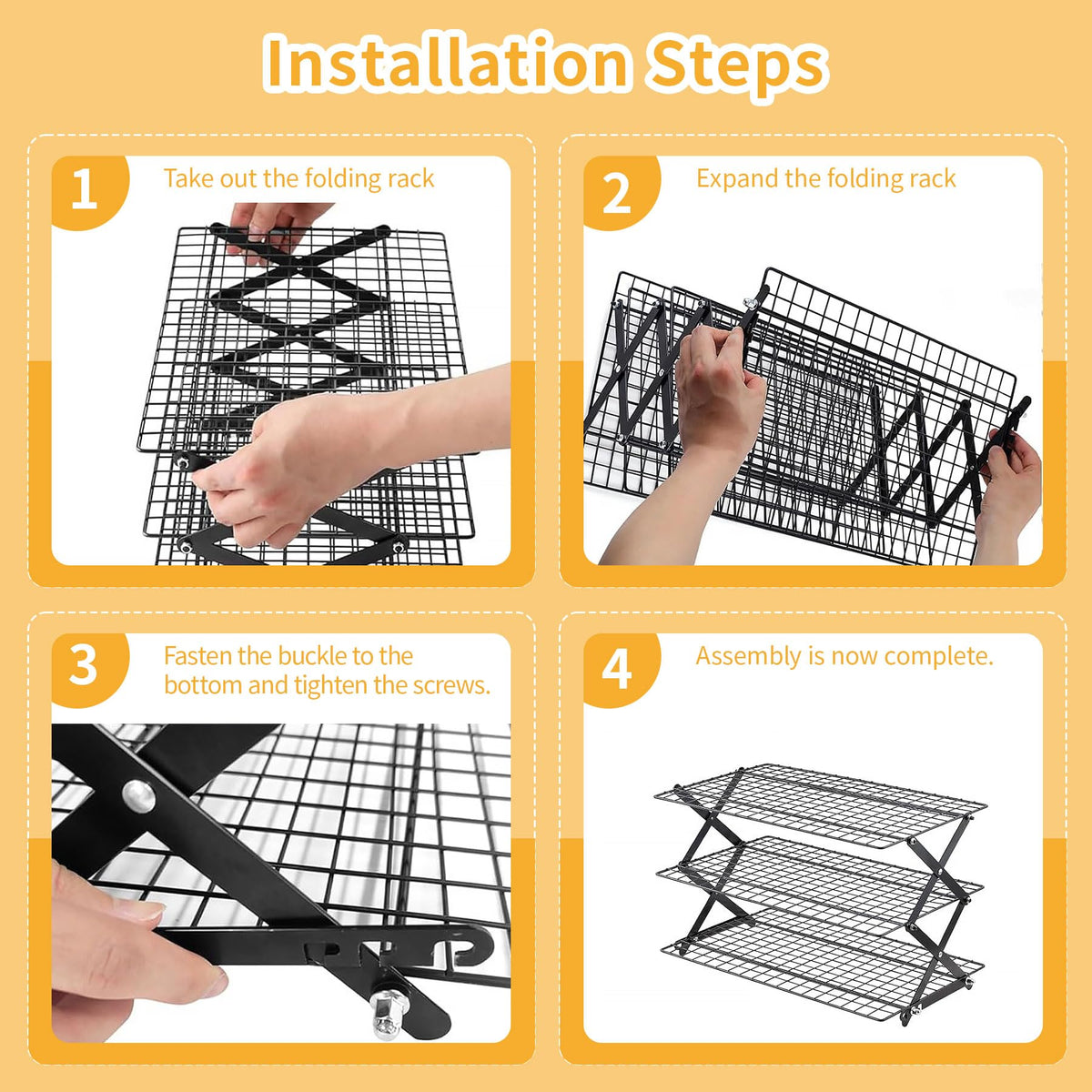 ZESHIHAOGUO 3-Tier Collapsible Cooling Rack with 3-Setting Design, Heavy-Duty Steel Baking Rack for Oven Safe Cooking & Space-Saving Storage