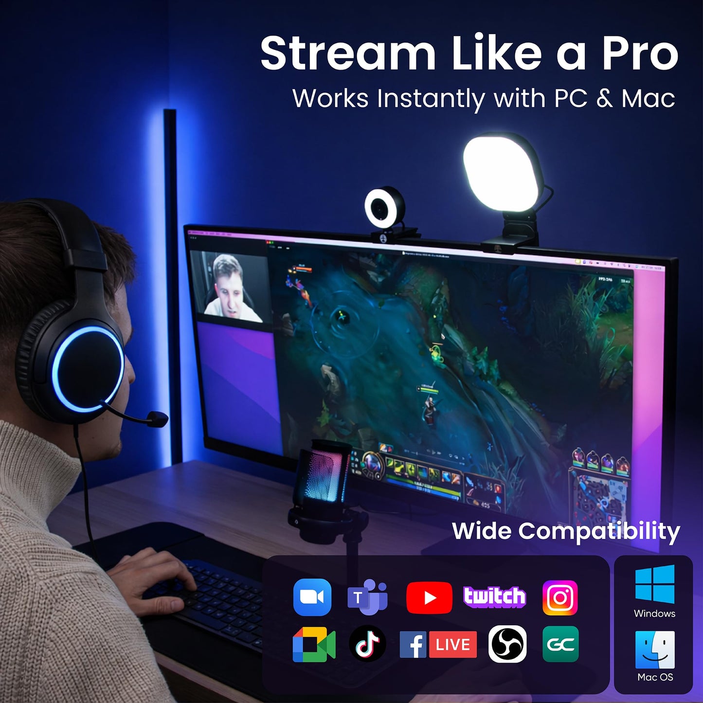 Webcam Streaming Kit with USB RGB Microphone & LED Light – 1080P 30FPS Streaming Camera Bundle for Twitch, YouTube, Podcasting, WFH – PC & Mac Compatible