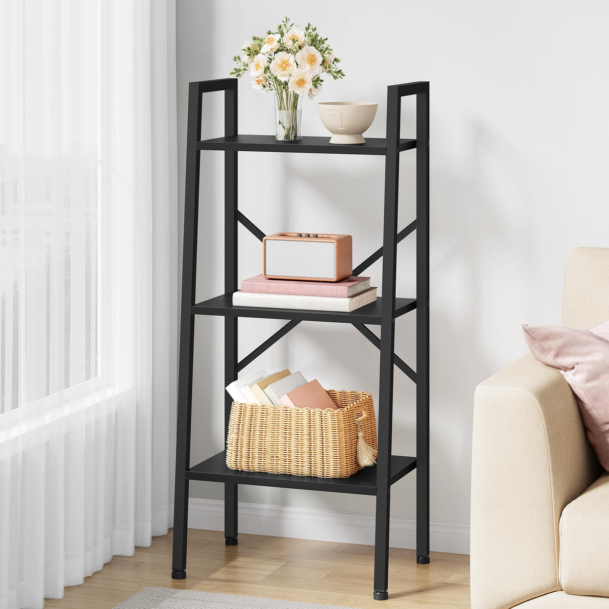 Hoctieon 3-Tier Industrial Ladder Bookshelf, Narrow Ladder Shelf, Tall Standing Bookshelf, Skinny Open Ladder Shelf, for Living Room, Home Office, Kitchen, Bedroom, Metal Frame, Black