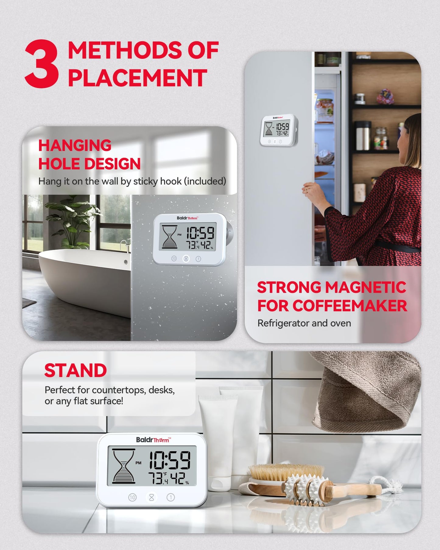 Baldrtherm Digital Timer, Works as a Countdown Timer, Real-time Clock, Hygrometer Thermometer. IP67 Waterproof Safe for Kitchen Bathroom Use. (White)