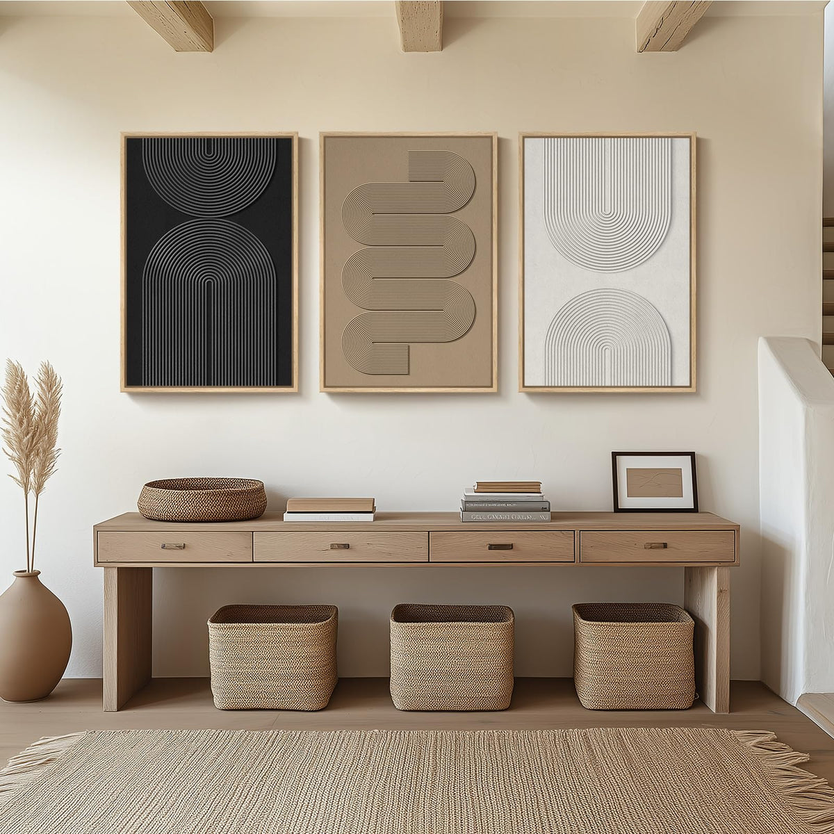 Large 3D Textured Framed Boho Modern Neutral Abstract Wall Art for Living Room, 3 Piece Black White Brown Paintings Artwork for Walls, Geometric Pictures for Office Bedroom Dining Room Decor, 24x36 In
