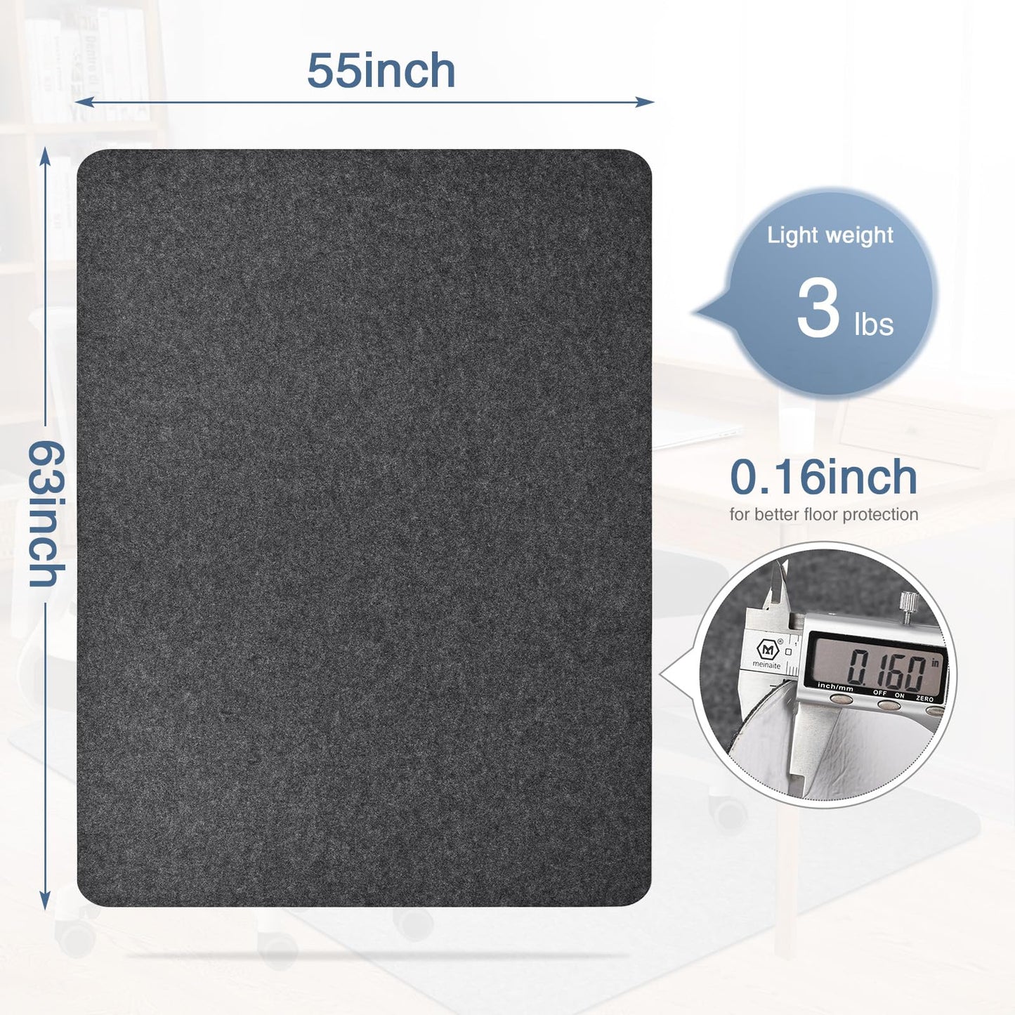 Placoot Office Chair Mat for Hardwood Floor, 55"x63" Large Size Computer Chair Mat, Desk Chair Mat, Large Anti-Slip Floor Protector for Home Office Dark Grey