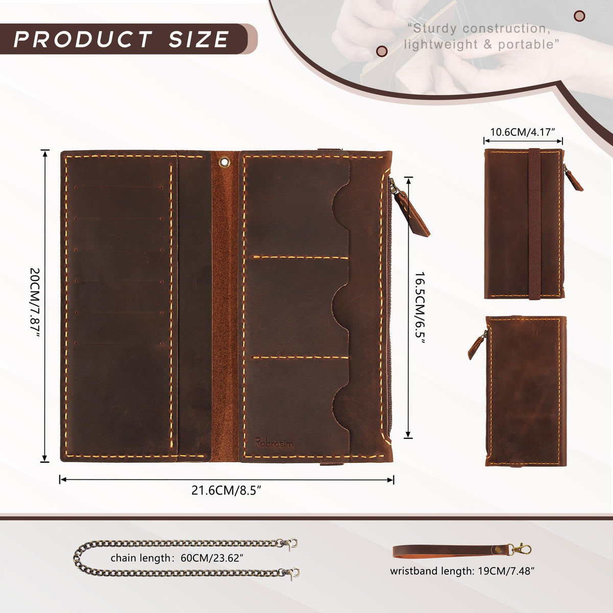 Robrasim Leather Wallet for Men and Women, Handmade Detachable Chain Wristlet Long Bifold Clutch with Large Capacity Zipper Coin Pocket (Coffee, 7.87"x4.17")