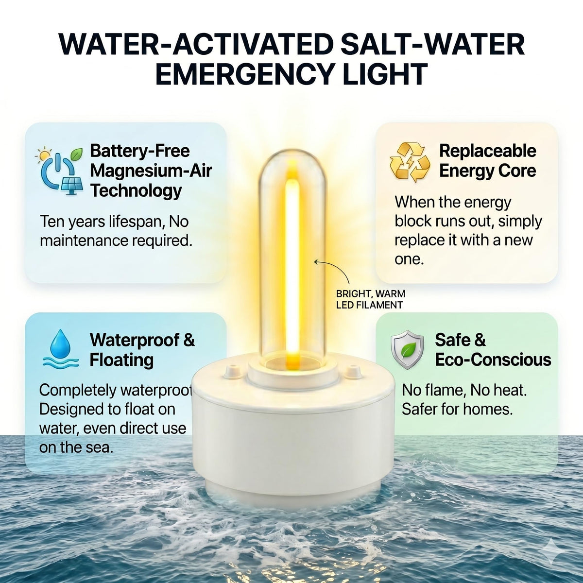 Portable Salt Water Camping Light, No Battery Survival Lantern, Waterproof Floating LED Lamp for Hiking, Fishing, Hurricane & Outdoor Adventures