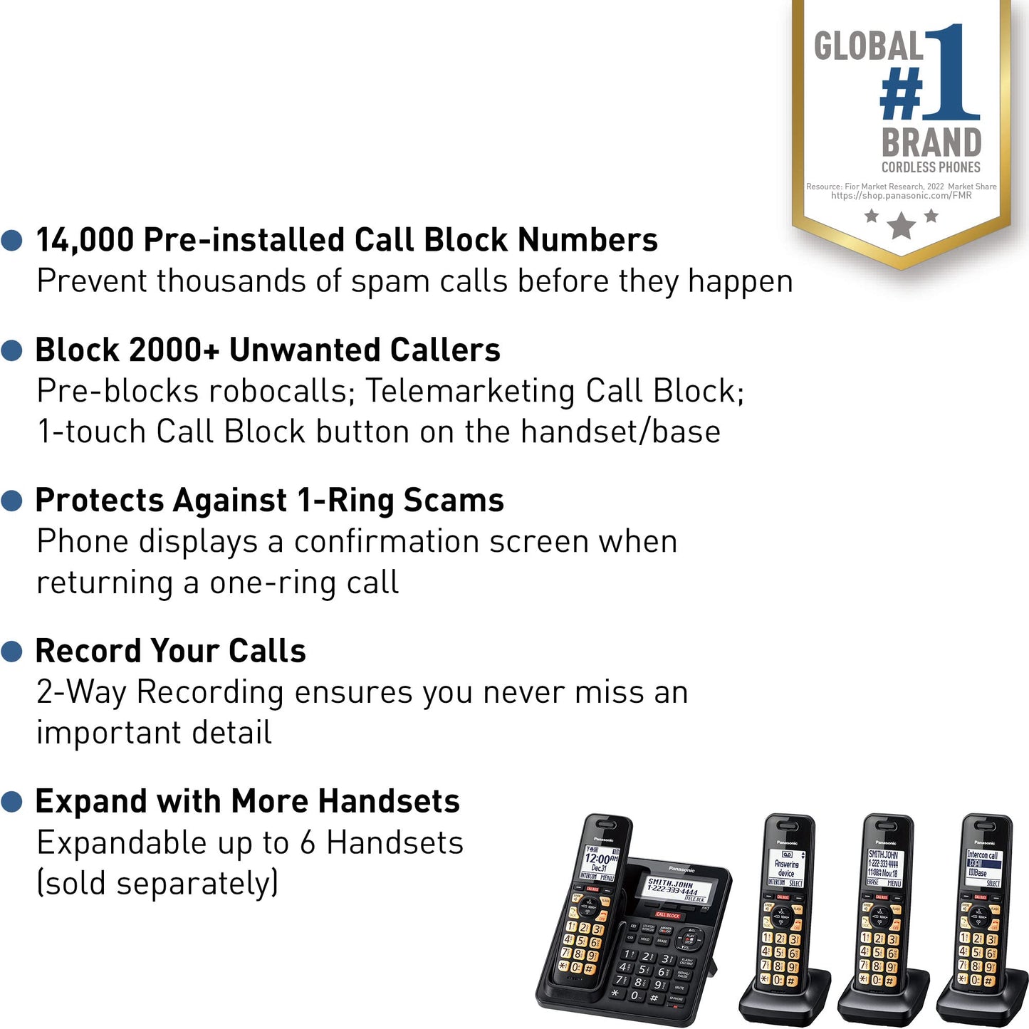 Panasonic Cordless Phone with Advanced Call Block, Link2Cell Bluetooth, One-Ring Scam Alert, and 2-Way Recording, Answering Machine, 4 Handsets - KX-TGF944B (Black)