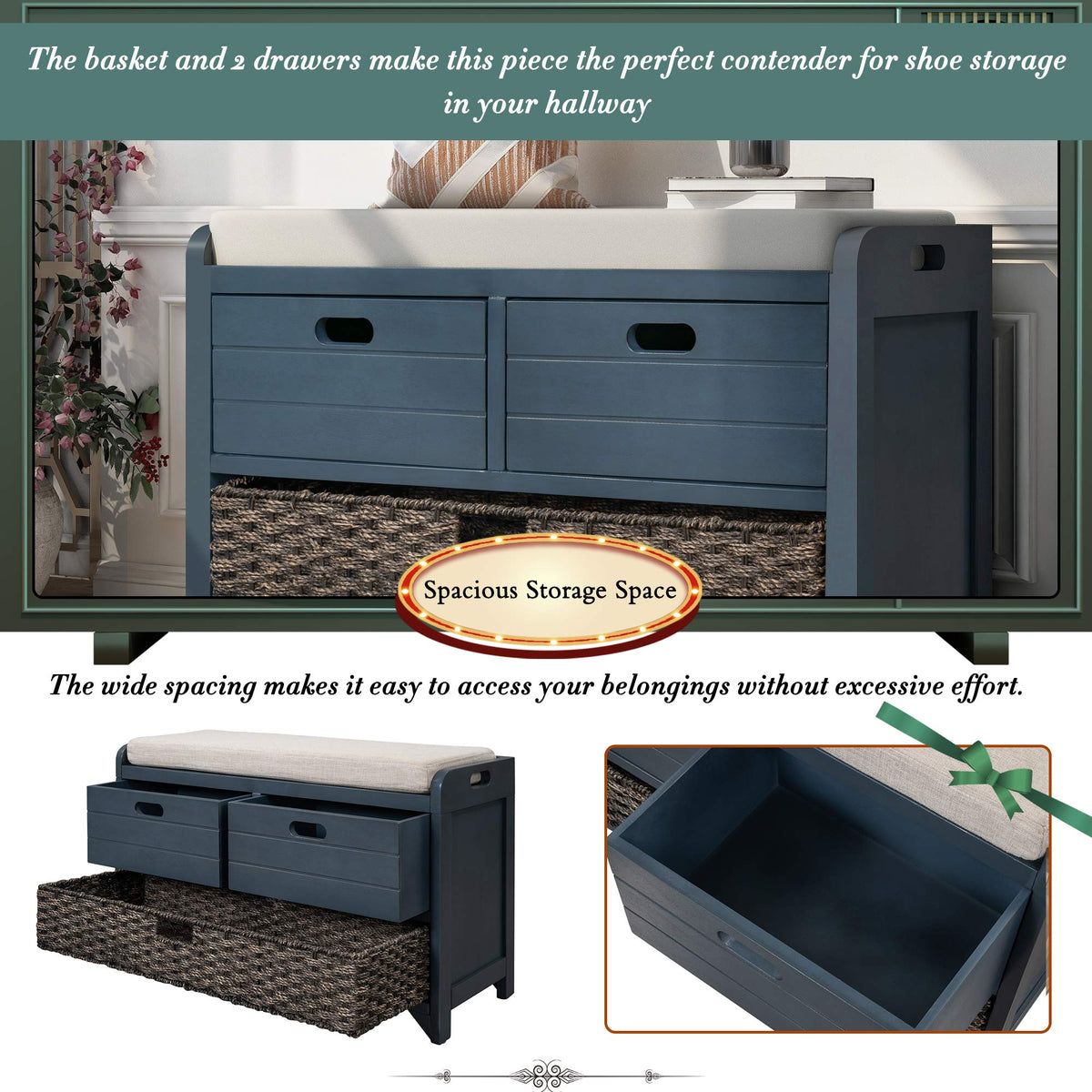 Brisca Wood Storage Bench with 1 Removable Basket and 2 Drawers,Fully Assembled Shoe Stool,W/Removable Cushion,for Hallway,Entryway,Bedroom,Living Room,Navy