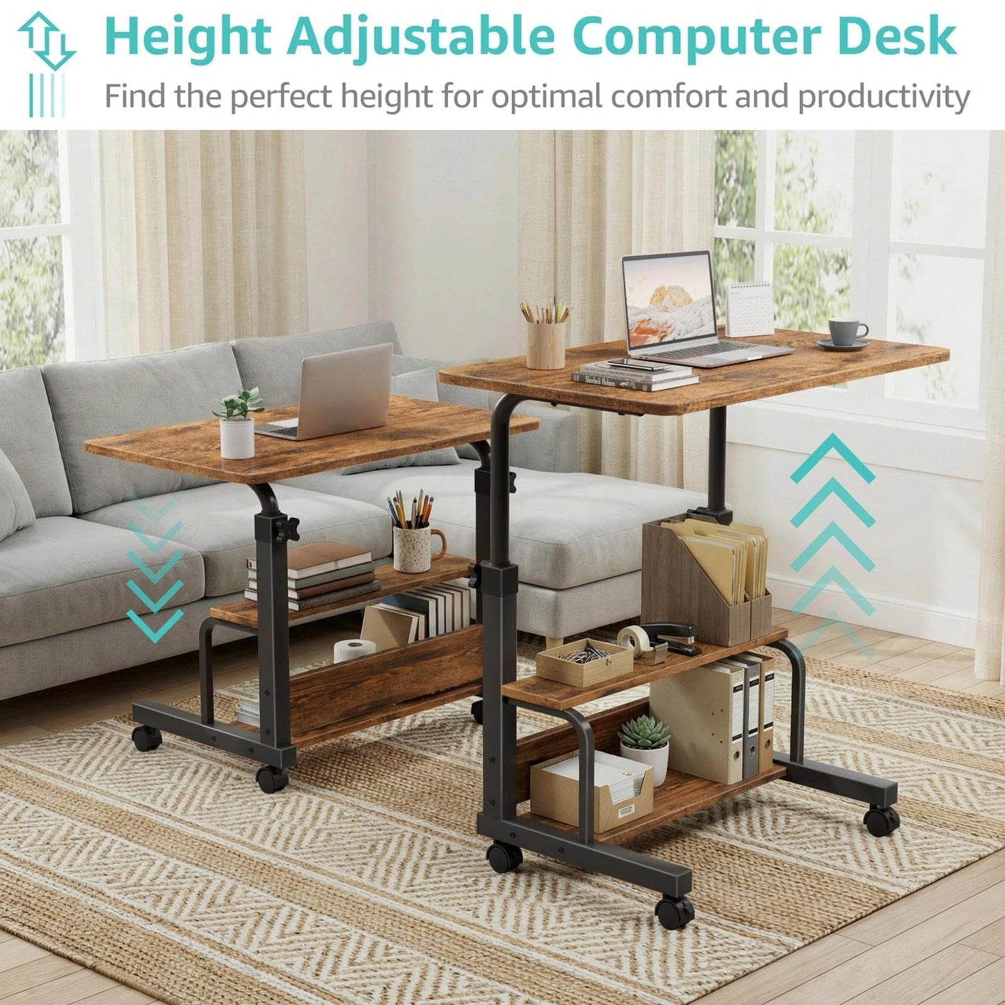 WINAZ C Shaped Rolling Laptop Desk - 32" Rustic Brown Mobile Portable Small Desk with Wheels for Small Spaces, Height Adjustable Overbed Table with 2-Tier Storage Shelves