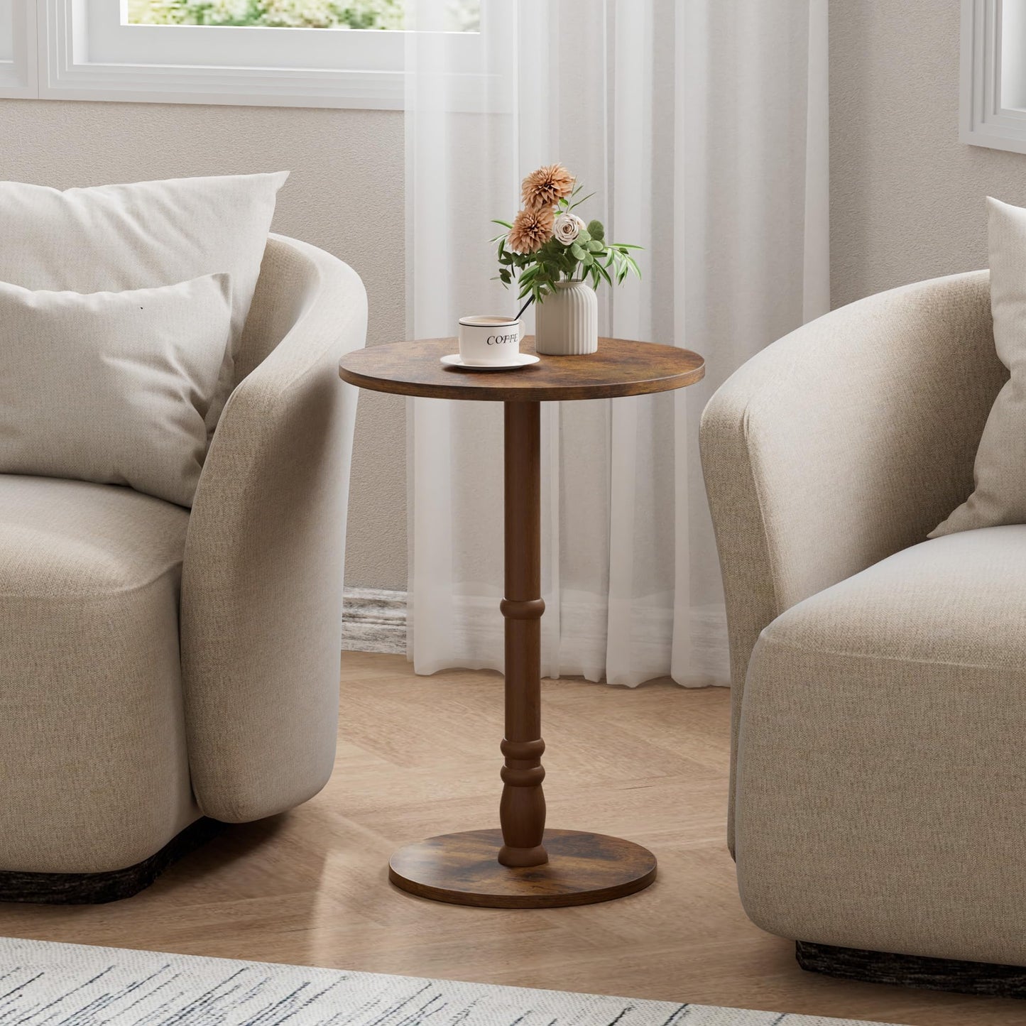 Homleke 16" Round Side Tables Set of 2, Solid Wood Pillar with Wood Top & Base, Small Drink Accent Table for Living Room, Bedroom, Sofa & Office, Easy Assembly, Rustic Brown