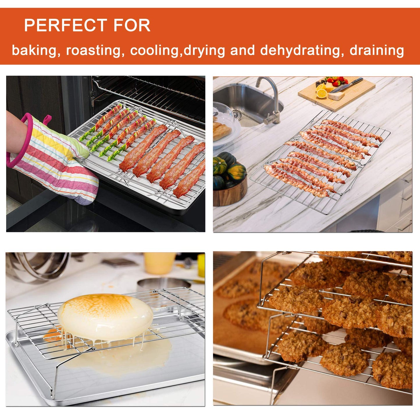 P&P CHEF Cooling Rack, 5-Tier Stainless Steel Stackable Baking Cooking Racks for Cooling Roasting Grilling, Collapsible & Heavy Duty, Oven Safe & Easy Clean, 15" x 10", Silver