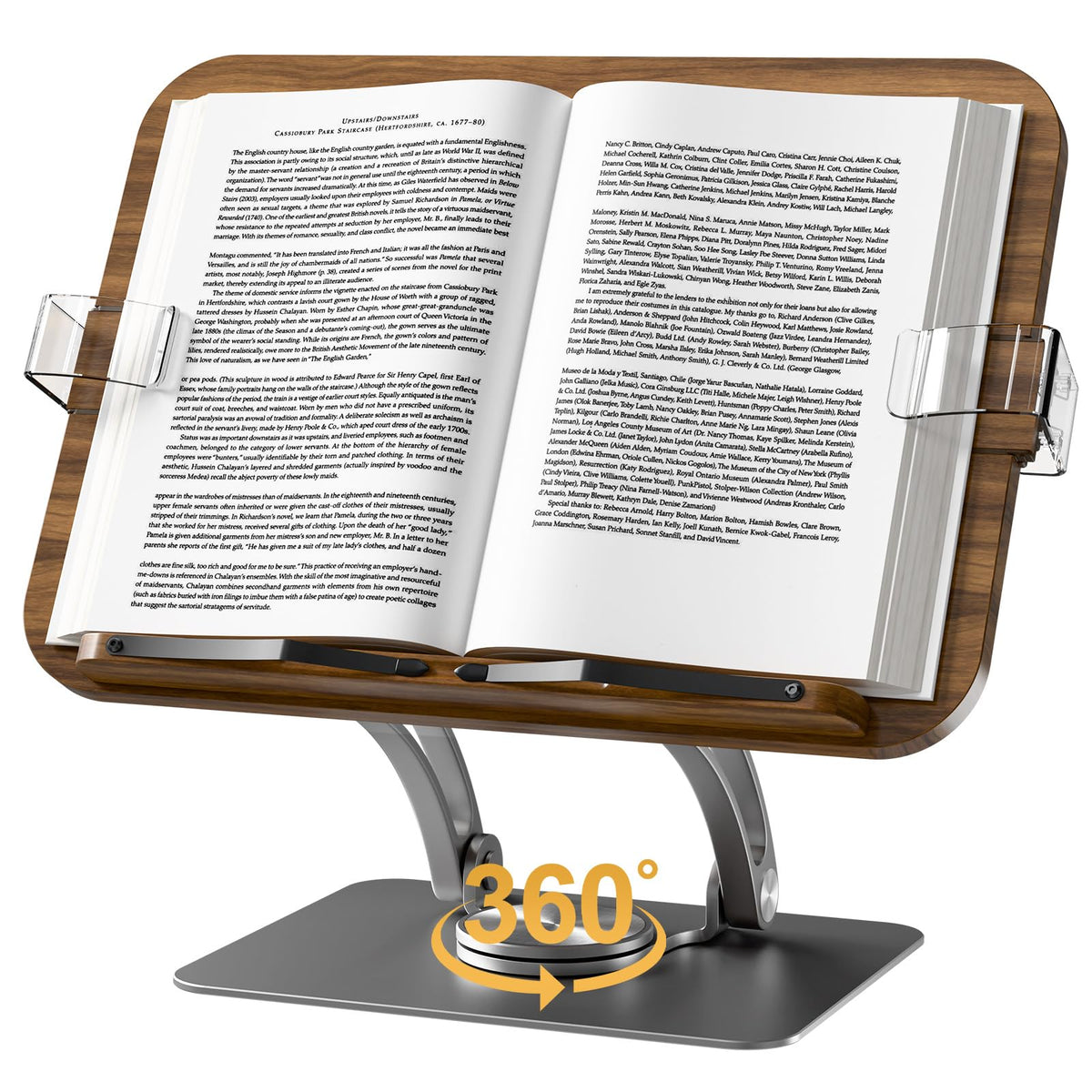 Book Stands for Reading,Adjustable Book Holder with 360° Rotating Metal Base,Foldable Cookbook Stand, Reading Hands Free with ABS Expandable Page Clips for Recipe,Textbook,Laptop