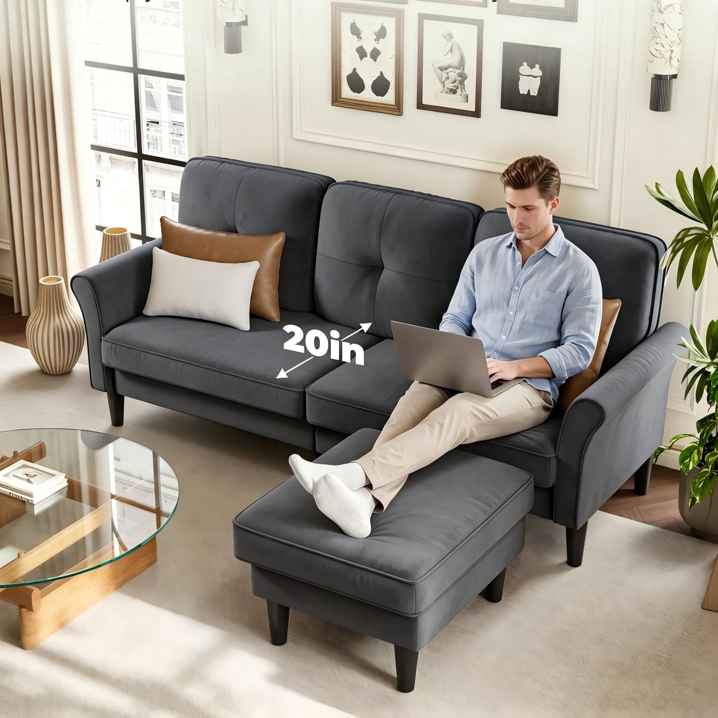 Welzona Sofas for Living Room, 83" Velvet Sectional Couch with Moveable Ottoman, Midcentury Modern Small Sectional Couch, L Shape Sofa & 3 Seater, Couches for Living Room, Apartment, Bedroom, Grey