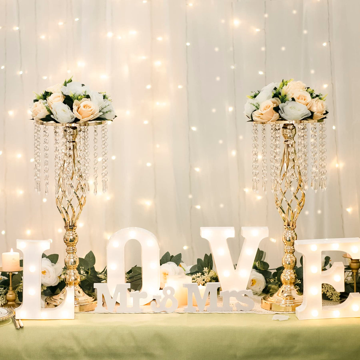 LANLONG 2pcs Gold Metal Flower Vases Crystal Flower Stand Wedding Centerpieces for Tables Party Dinner Event Restaurant Hotel Decoration