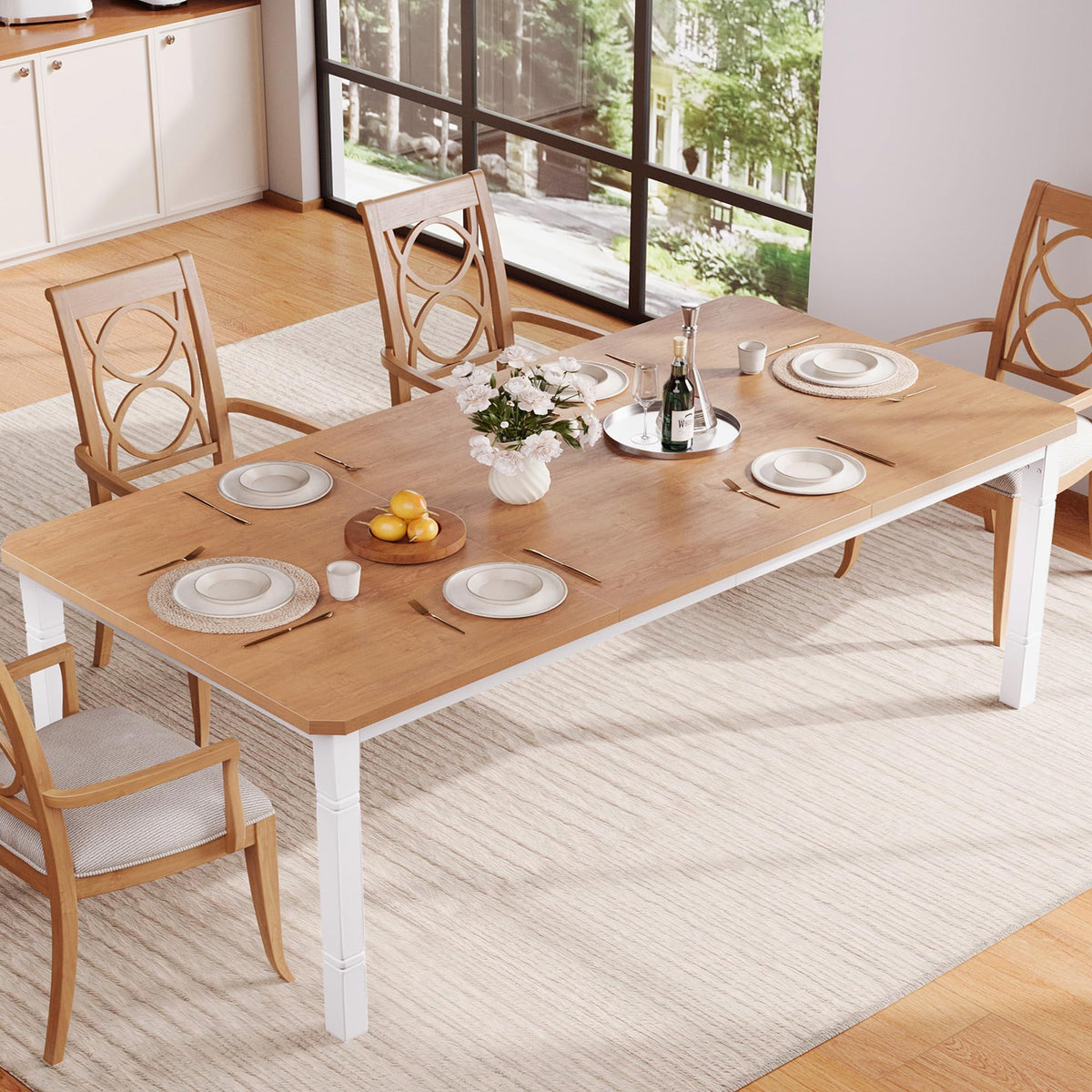 IDEALHOUSE 79" Dining Table for 6-8 People, Modern Rectangular Kitchen Table with Sturdy Metal Legs, Large Wood Farmhouse Dining Room Table for Home Office, Conference, White & Oak