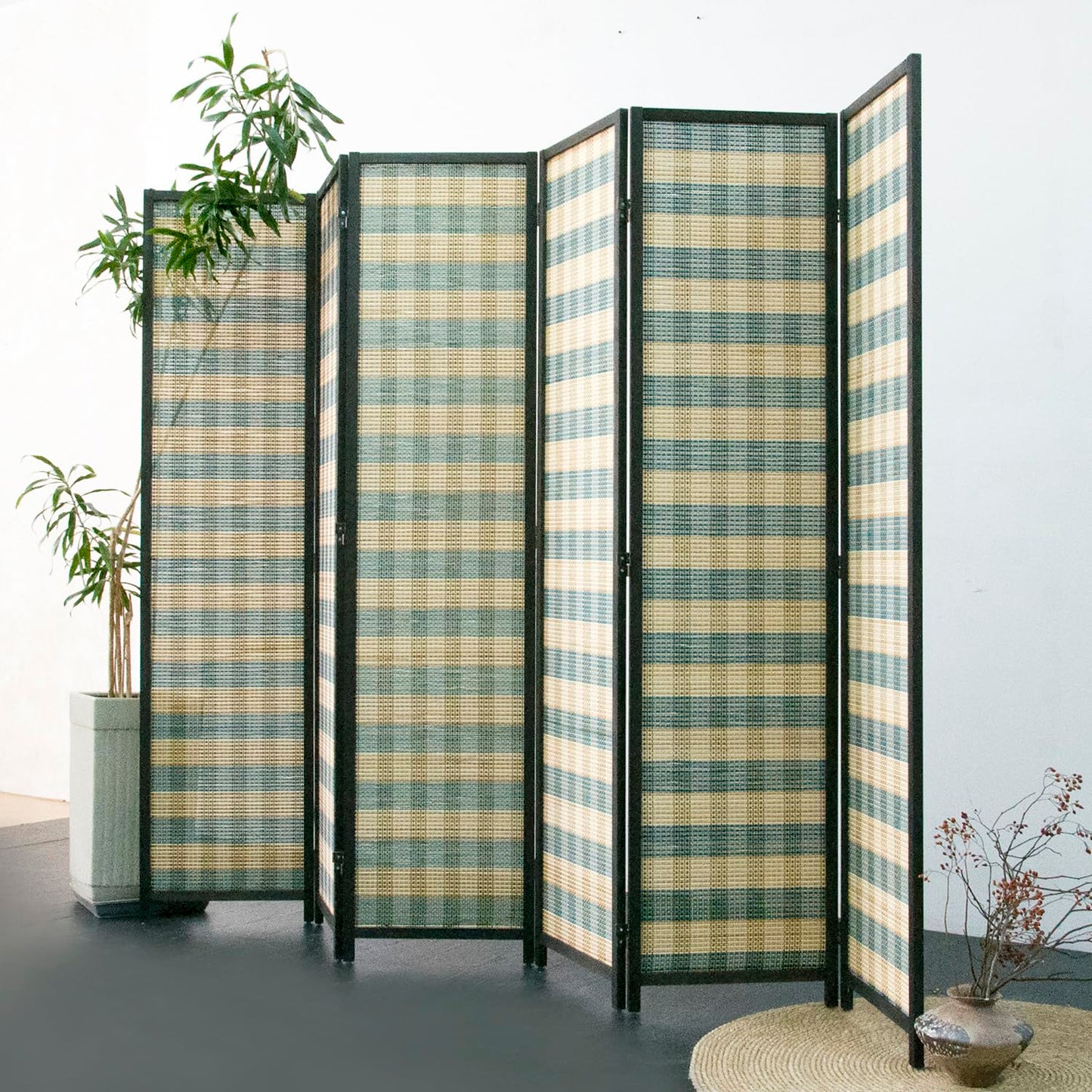 Furnnylane 6 Panel Bamboo Room Divider - 5.6 ft Tall (67" H x 94.5" W), Double-Sided Folding Privacy Screen in Blue Woven Stripe, No-Drill Freestanding Partition for Home Office & Bedroom