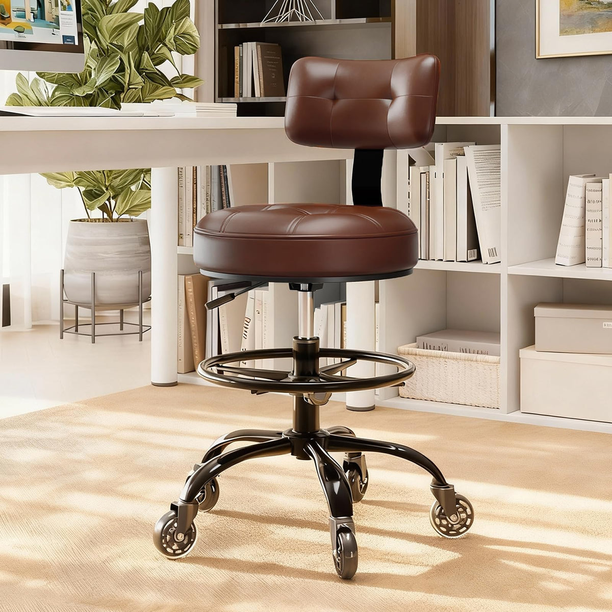 FREEKYROCK Office Drafting Chair with Footrest, Tall Height Adjustable Stool with Back Support, Heavy Duty Rolling Stool Chair with Wheels for Office Home Kitchen Bar Shop Guitar Studio Vanity, Brown