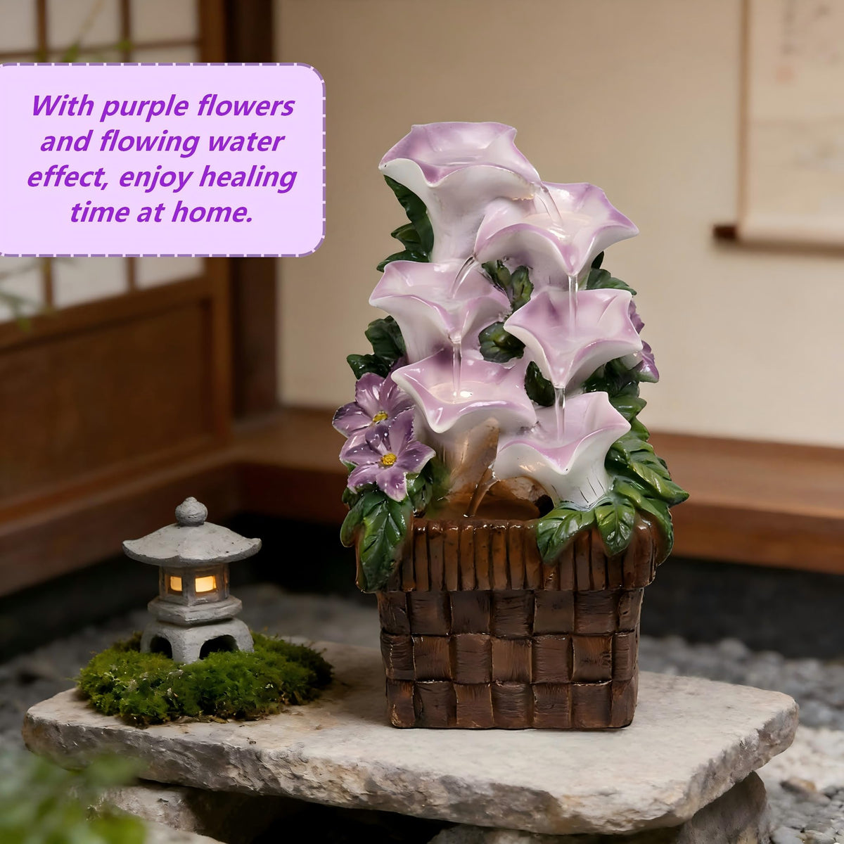 WZAPPKEW Tabletop Water Fountain Purple Water Fountains Indoor Morning Glory Themed Lavender Desk Fountain with Light for Home Heavenly Blue Zen Water Fountain for Room Relaxation Meditation(Lavender)