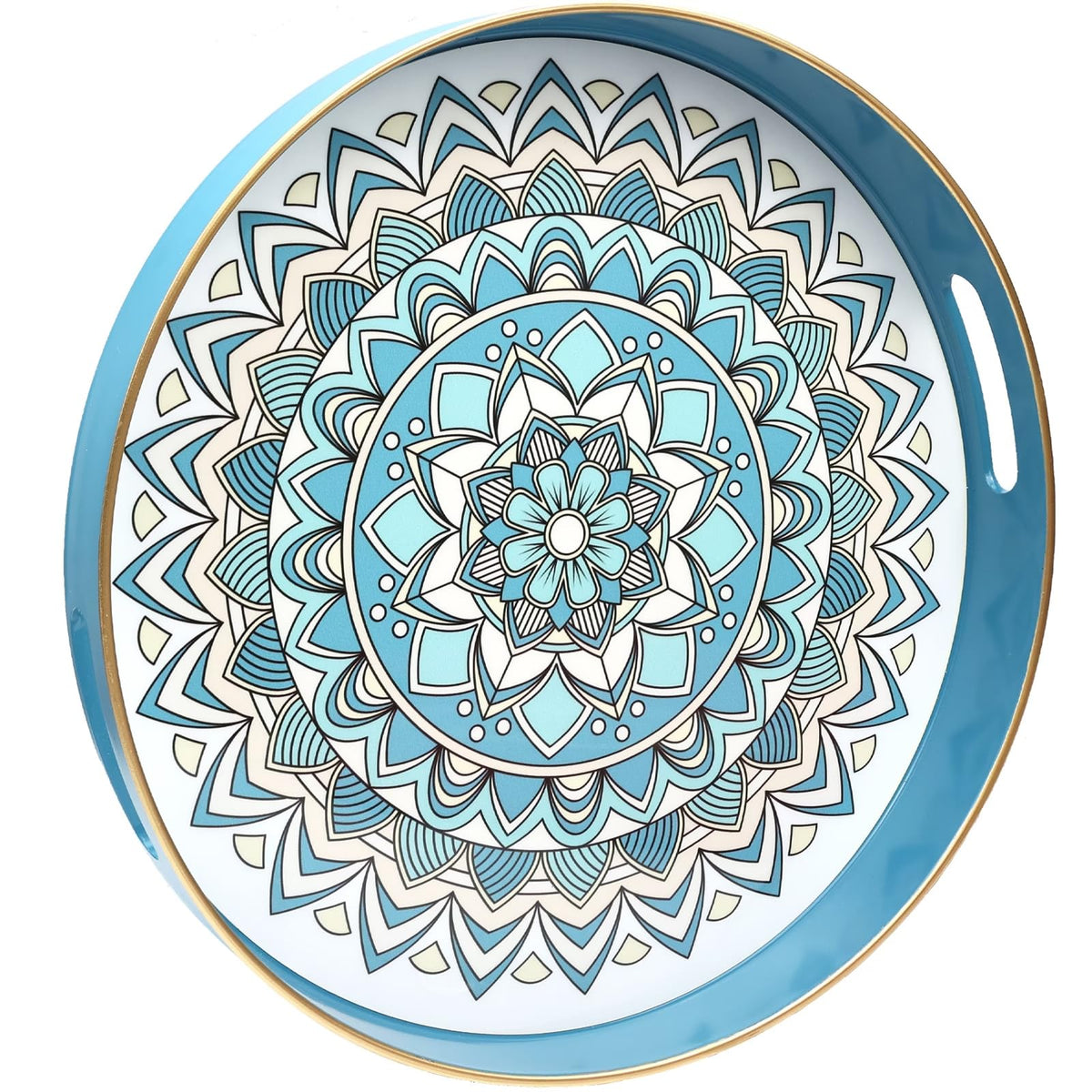 SforGUVA Round Cyan Decorative Tray for Coffee Table, Ottoman, 13” Plastic Serving Platter Tray with Handles for Entertaining, Living Room
