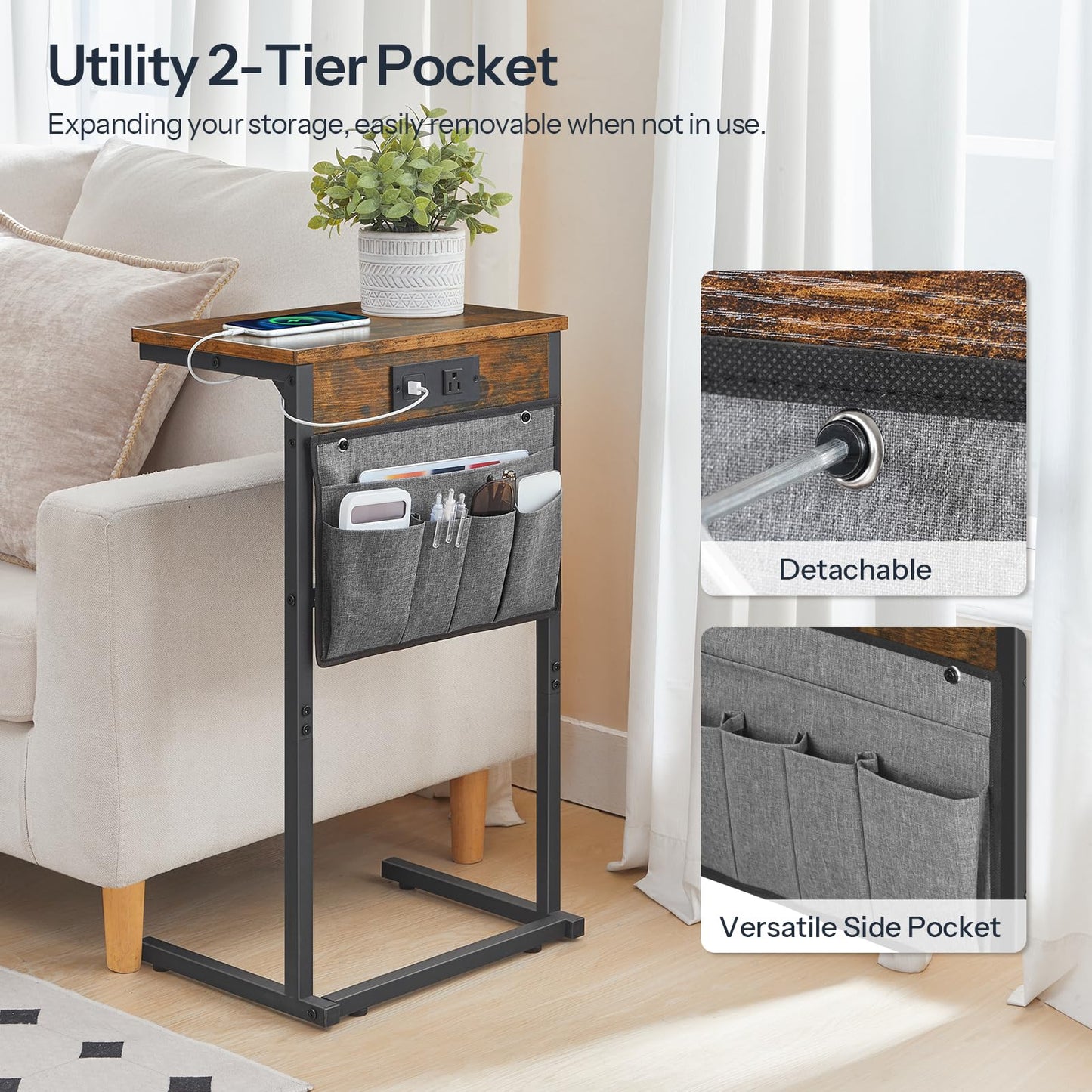 HOOBRO C Shaped End Table with Charging Station, 28" H Couch Side Table Slide Under, Sofa Arm Tray Table with Storage Bag for Living Room, Recliner, Rustic Brown BF70USF01