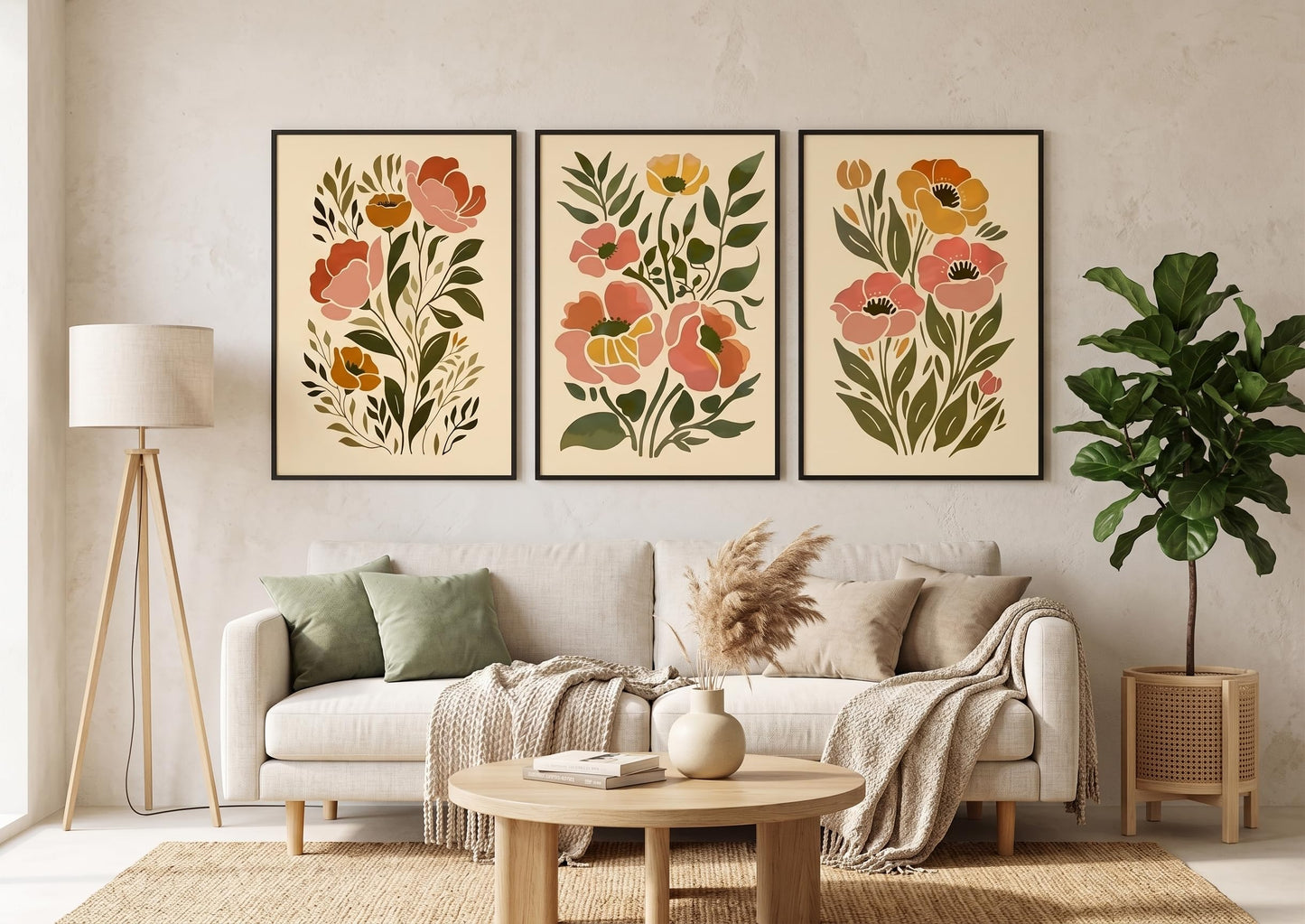 SFXYRTAH 3Pcs Boho Floral Wall Art Abstract Botanical Flower Posters Neutral Beige Green Minimalist Plant Prints for Living Room Bedroom Office Home Decor Unframed (12x16in posters)